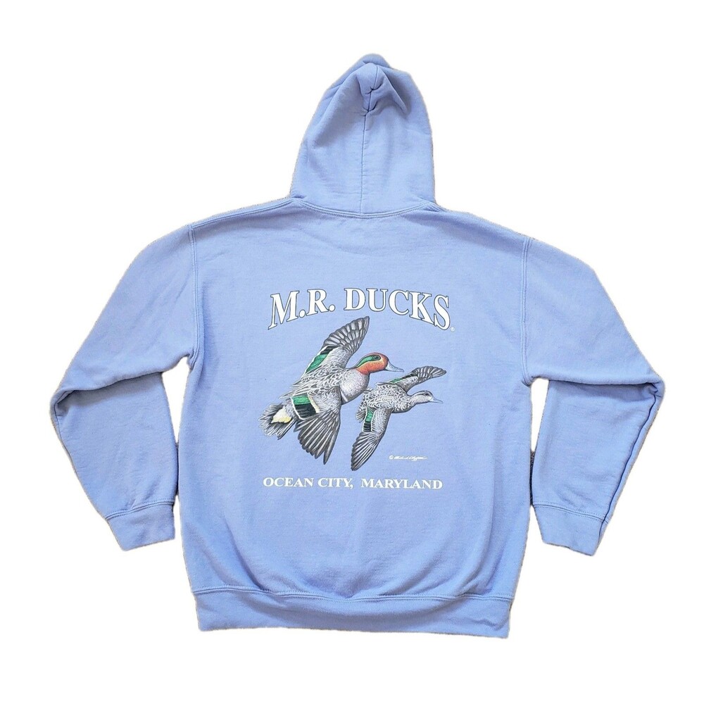 Mr. Ducks 2024 Ocean City Maryland Sz Medium Mens Double Side Light Blue Hoodie